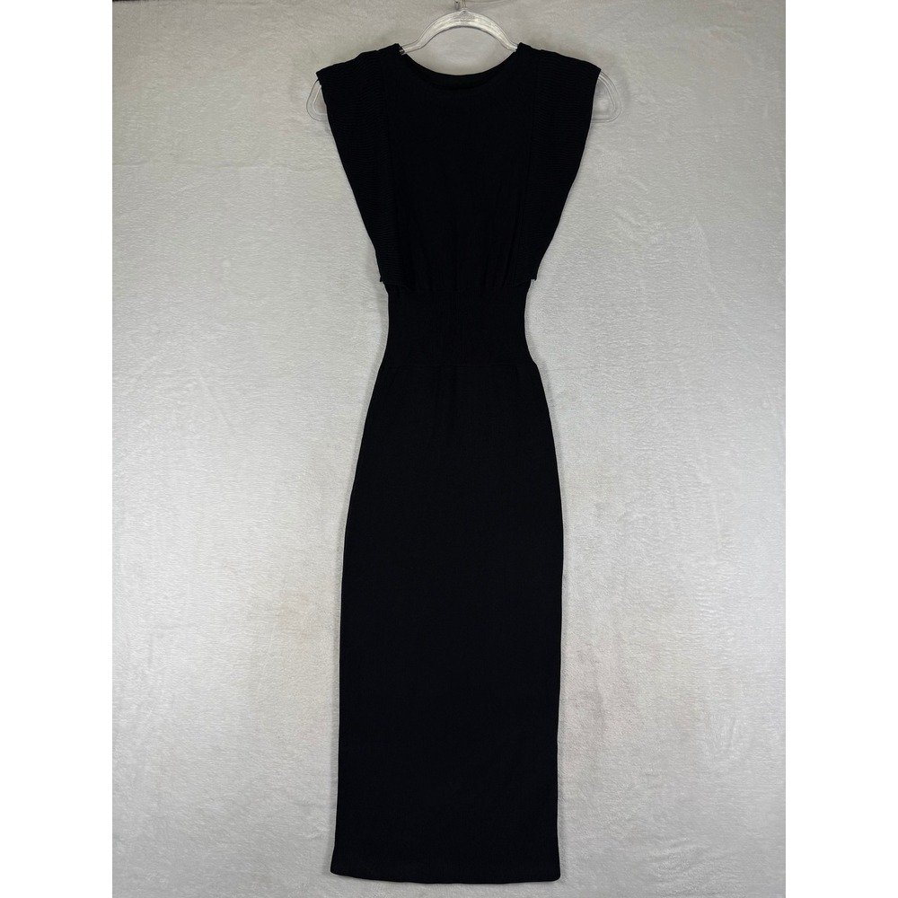 Zara Knit Black Ribbed Bodycon Midi Dress Winged Shoulder Smocked Waist Small